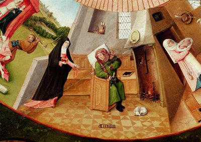 Faulheit, Detail aus der Tafel der sieben Todsünden und der vier letzten Dinge, um 1480 von Hieronymus Bosch